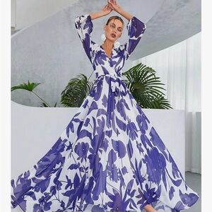 Elegant Floral Blue and White Maxi Dress